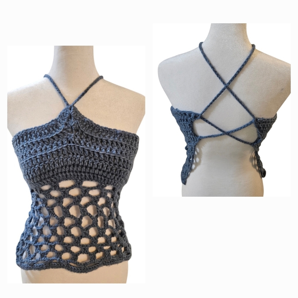 Handmade 4 ways Crochet Summer Top One-of-a-kind Blue Fishnet Bikini Crop-Top - Picture 7 of 17